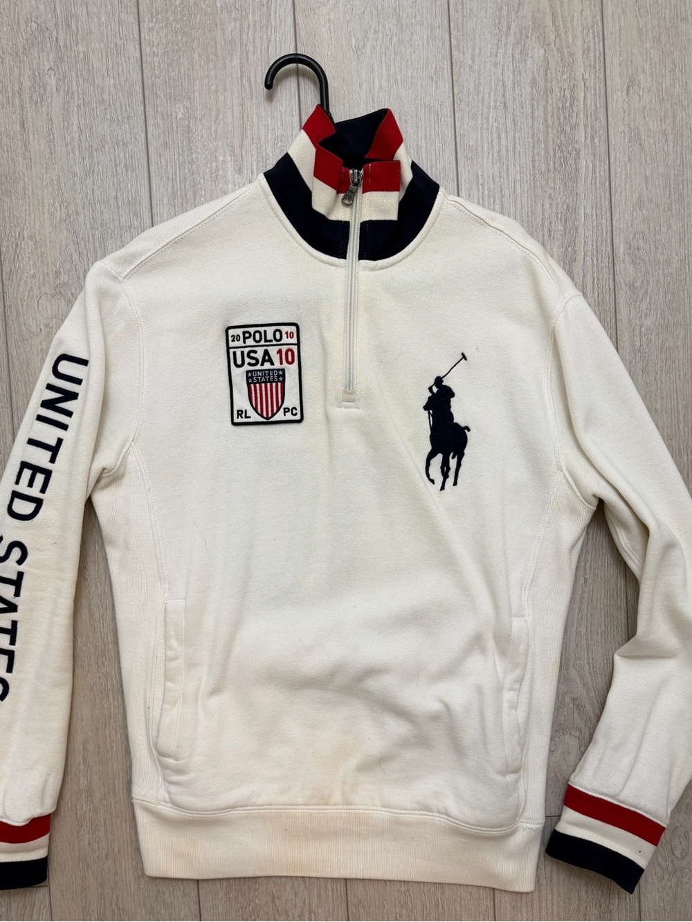Men Ralph Lauren Navy and White Polo Sweatshirt with Red Stripe Detail size S